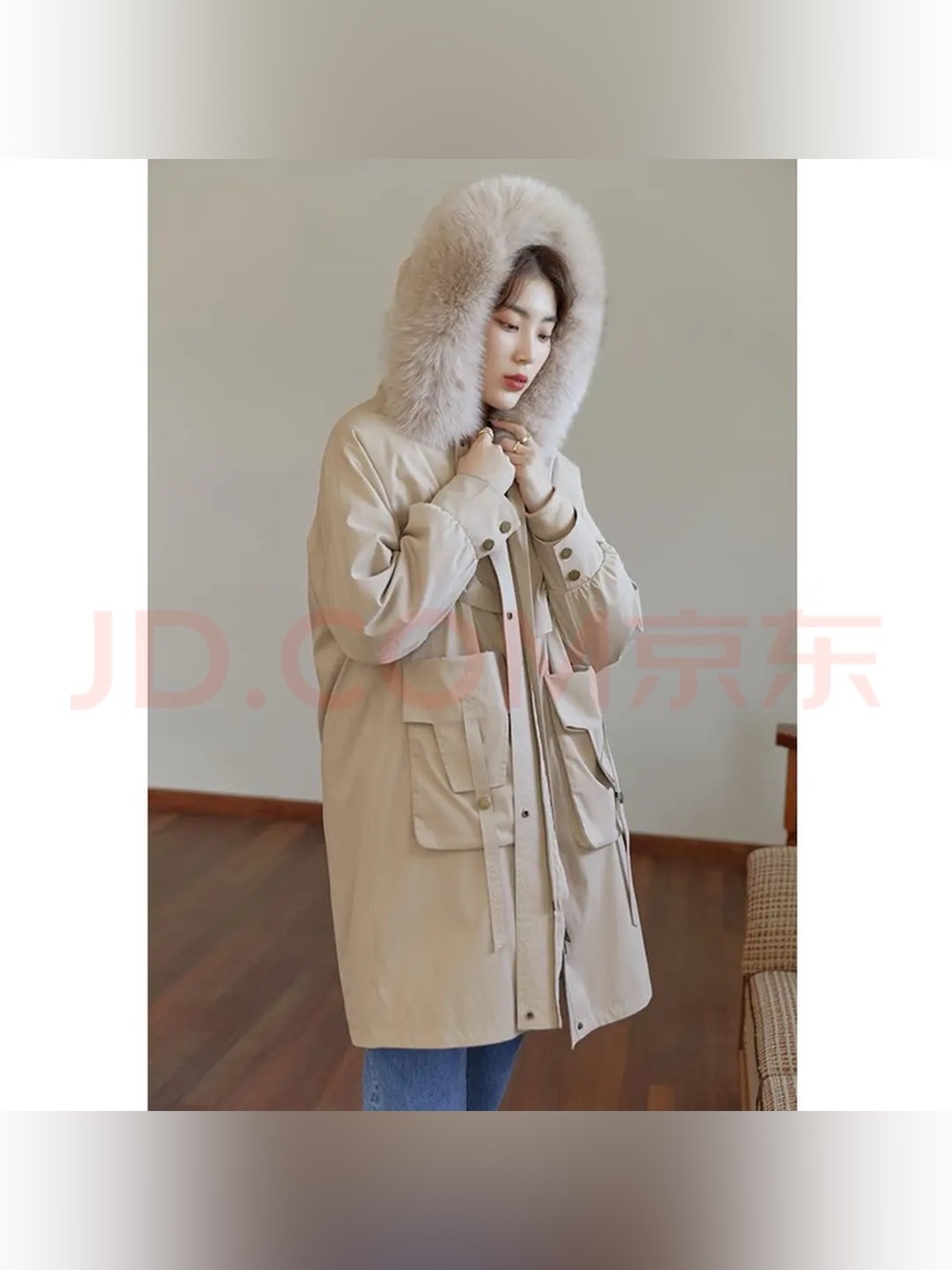Beige Parka Coat with Faux Fur Collar - Women's Winter Coat